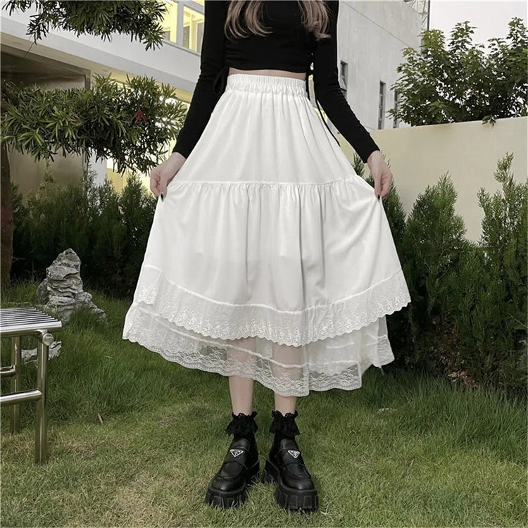 Y2k Gothic Tulle Pleated Skirt Black Lace Stitching Irregular Midi Skirt Women Vintage High Waist Long Skirt Korea Solid Hip Hop PlatiNum