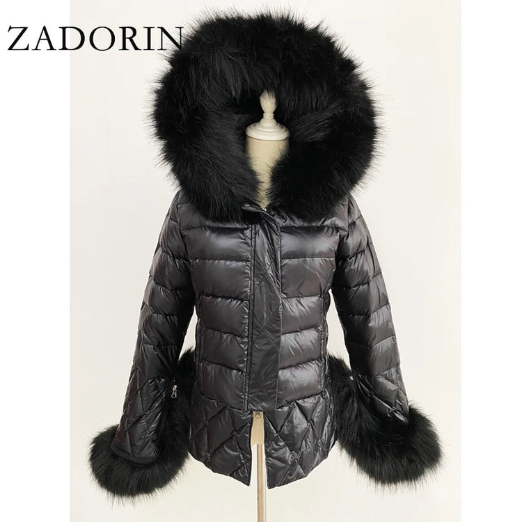 ZADORIN 2025 Trend White Duck Down Patchwork Faux Fur Jacket Women Winter Warm Big FAUX Raccoon Fur Hood Women Faux Fur Coat