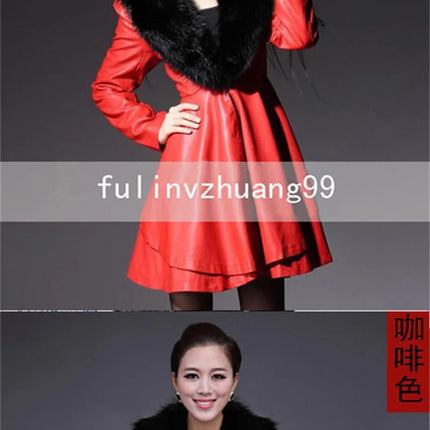 PU Leather Long Leather Jacket Women's Fur Collar Removable Coat Faux Leather Slim Female Temperament Leather Windbreaker Black
