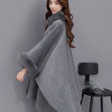 Elegant Women Winter Coats Batwing Fluffy Sleeve Cape Jacket Lady Woolen Overcoat Cape Fox Fur Collar Warm Ponchos Feminino
