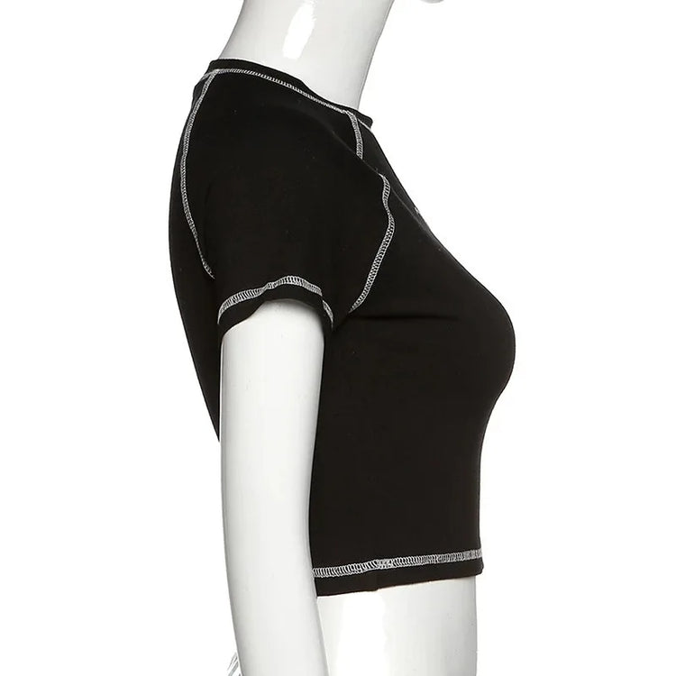 Y2K nero dolce ragazza slim stampa teschio divertente grafica vintage vestiti crop top E-girl