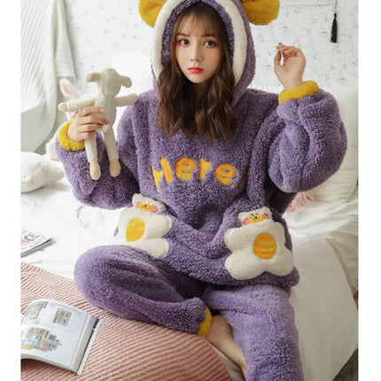 Jielur Warm Women Pajama Sets Winter Lady Long Sleeve Shirt+Pants Home suit Hooded Cartoon Print Thick Pijama Feminino
