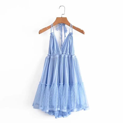 SheMujerSky Sexy Lace Patchwork Backless Mini Dress Summer V Neck Halter Dresses Women's Dress Elegant Party