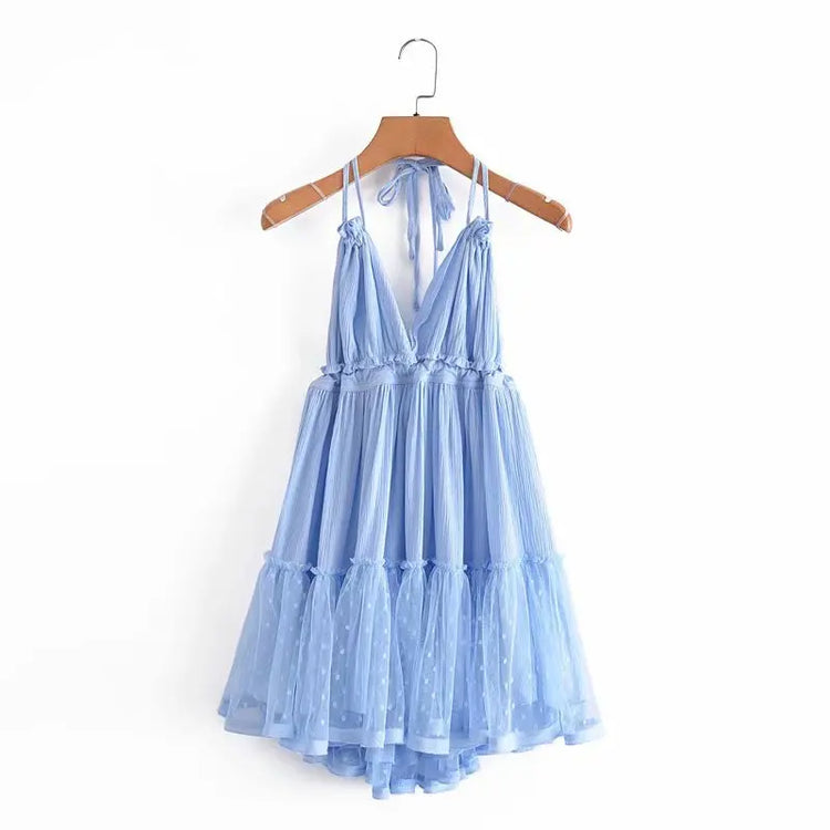 SheMujerSky Abito sexy con giunture in pizzo senza schienale Mini abiti estivi con scollo a V e scollo all'americana Abito da donna Elegante da sera