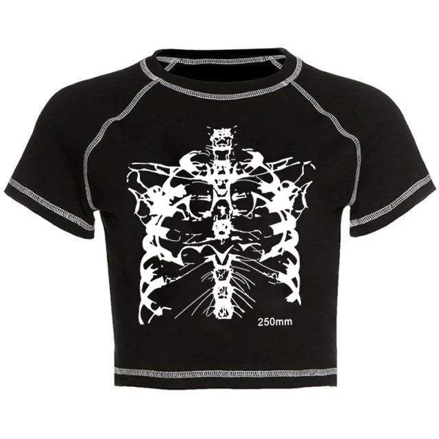 Y2K nero dolce ragazza slim stampa teschio divertente grafica vintage vestiti crop top E-girl
