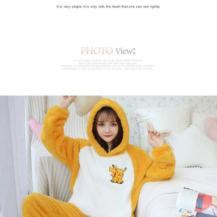 Jielur Warm Women Pajama Sets Winter Lady Long Sleeve Shirt+Pants Home suit Hooded Cartoon Print Thick Pijama Feminino