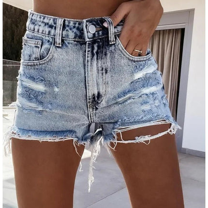 Pantaloni in Denim a vita alta con foro lavato strappato da donna estivi pantaloni corti Bermuda pantaloni Casual con nappe attillati a cinque punti - platinumshop