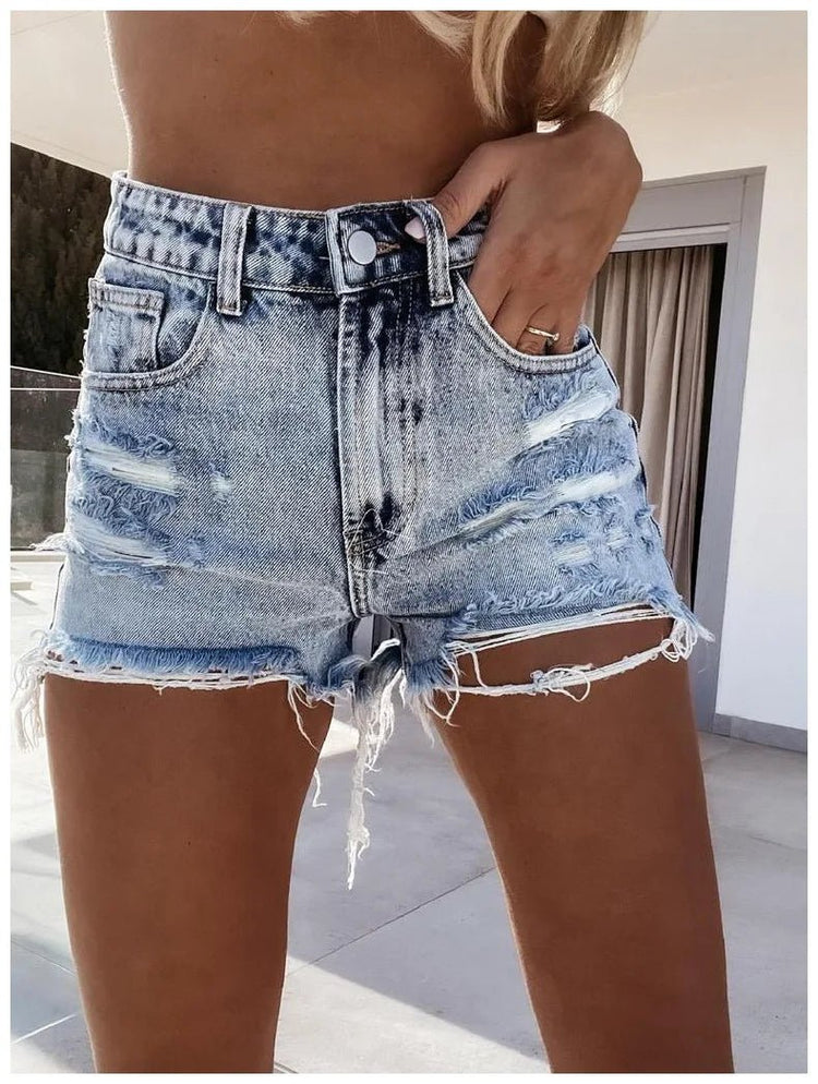 Pantaloni in Denim a vita alta con foro lavato strappato da donna estivi pantaloni corti Bermuda pantaloni Casual con nappe attillati a cinque punti - platinumshop