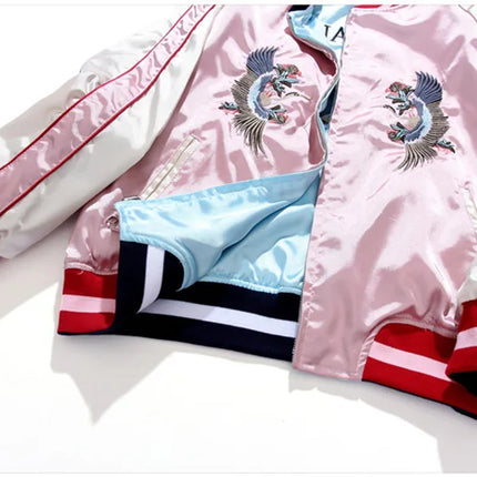 Double Sided Satin Baseball Jacket Women Sukajan Jacket Female Girls Embroidery Coat 2026 Spring Autumn Pink Z1A1