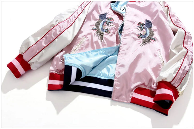Double Sided Satin Baseball Jacket Women Sukajan Jacket Female Girls Embroidery Coat 2026 Spring Autumn Pink Z1A1