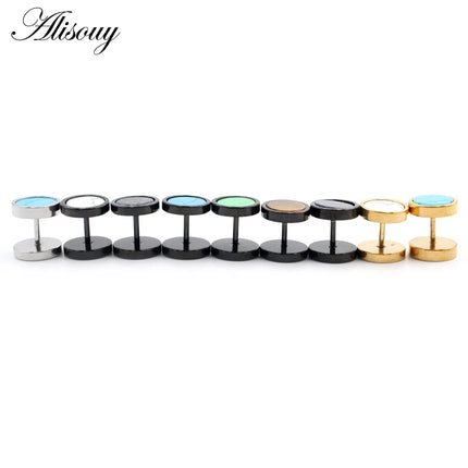 Alisouy 2 pz Acciaio Inossidabile Double Sided Rotondo Pietra Manubri Uomo Donna Vite Stud Bilanciere Orecchini Penetranti Spina per L'orecchio Finto platinumshop