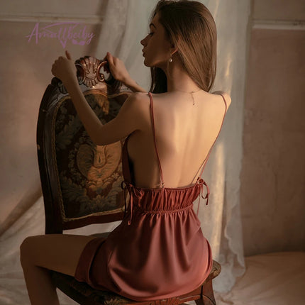 Camicia da notte tentazione con cinturino in vita sottile in seta ghiacciata da donna estiva