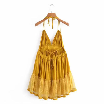 SheMujerSky Sexy Lace Patchwork Backless Mini Dress Summer V Neck Halter Dresses Women's Dress Elegant Party