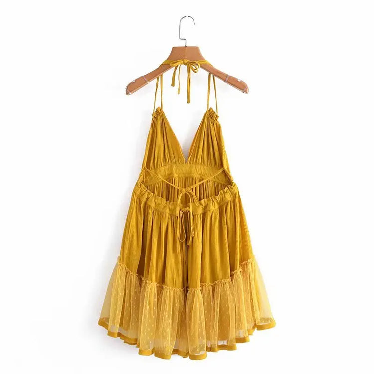 SheMujerSky Abito sexy con giunture in pizzo senza schienale Mini abiti estivi con scollo a V e scollo all'americana Abito da donna Elegante da sera