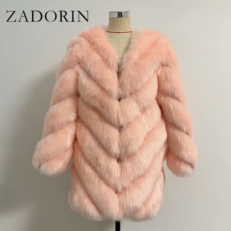 ZADORIN Korean Fashion Winter Faux Fox Fur Coat Women Luxury Color Contrast Long Thick Warm Fluffy Jacket Fake Fur Coats Jackets