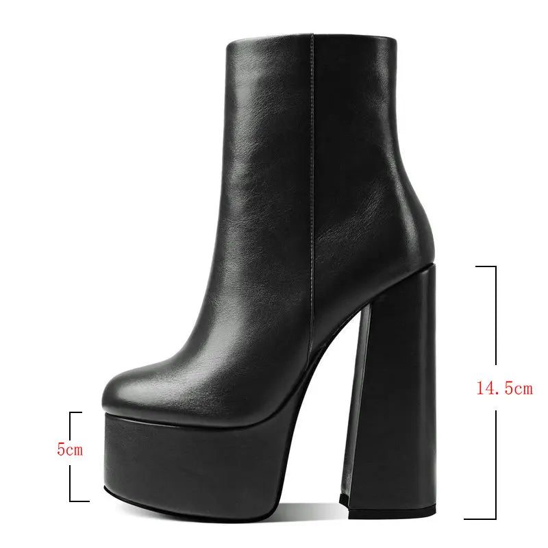 2021 Women Ankle Boots Platform Square High Heel Ladies Motorcycle Boots Faux Leather High High Quality Women's Boots Black