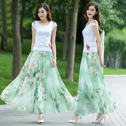 Gonne a vita alta da donna, estive 2026, primaverili, con elastico in vita, lunghezza midi, stampate, per la danza, in chiffon, modello swing