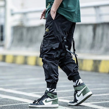 Tactical Cargo Pants Men Joggers Streetwear Ankle-length Pants Ribbons Elastic Waist Black Pant Hip Hop Male
