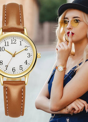 Orologio al quarzo da donna alla moda per il tempo libero, numeri arabi facili da leggere, quadrante semplice, cinturino in pelle PU, colore caramella platinumshop