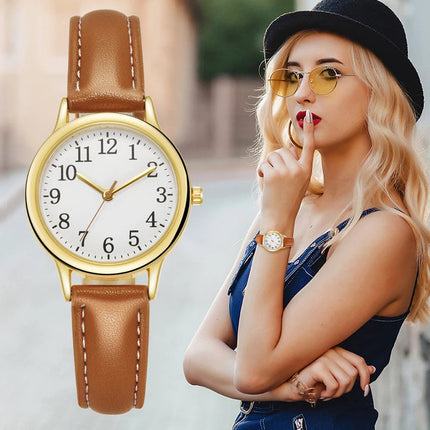 Orologio al quarzo da donna alla moda per il tempo libero, numeri arabi facili da leggere, quadrante semplice, cinturino in pelle PU, colore caramella platinumshop