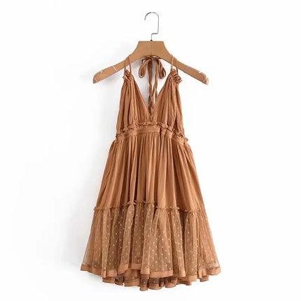 SheMujerSky Sexy Lace Patchwork Backless Mini Dress Summer V Neck Halter Dresses Women's Dress Elegant Party