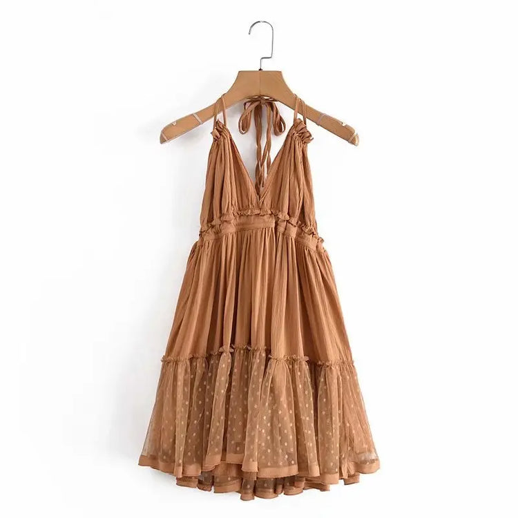 SheMujerSky Abito sexy con giunture in pizzo senza schienale Mini abiti estivi con scollo a V e scollo all'americana Abito da donna Elegante da sera