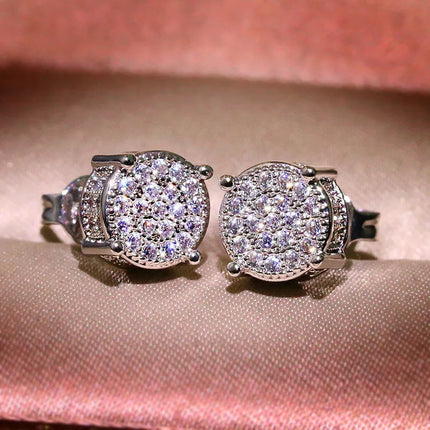 Luxury Full Crystal Round Earrings White Gold Yellow Gold Color White Zircon Stone Wedding Stud Earrings For Women Men Jewelry PlatiNum