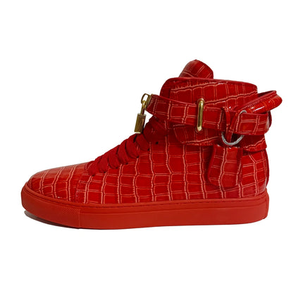 Luxury Designer Men Crocodile Pattern High Top Sneakers Glossy Patent Leather Gold Buckle Lace-up Casual Street Shoes Footwear