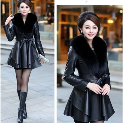 PU Leather Long Leather Jacket Women's Fur Collar Removable Coat Faux Leather Slim Female Temperament Leather Windbreaker Black
