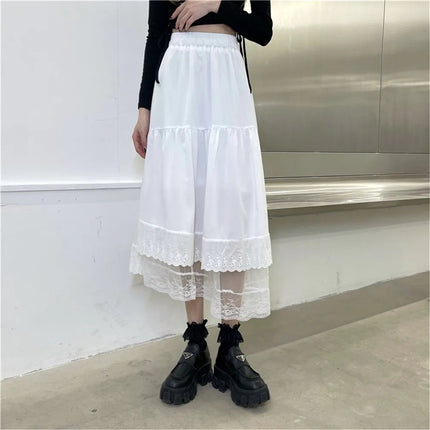 Y2k Gothic Tulle Pleated Skirt Black Lace Stitching Irregular Midi Skirt Women Vintage High Waist Long Skirt Korea Solid Hip Hop PlatiNum
