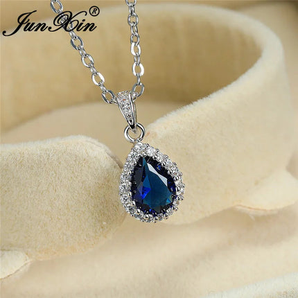 Multicolor Crystal Water Drop Stone Pendant Green Red Blue Zircon Necklaces For Women White Gold Colorful Pear Cz Wedding Choker PlatiNum