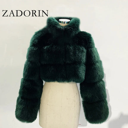 ZADORIN Fashion Cropped Faux Fur Coat Woman Warm Stand Fur Collar Slim Fluffy Fur Jacket Woman Tops Winter Fur Coats Streetwear