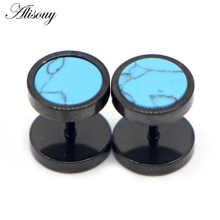 Alisouy 2 pz Acciaio Inossidabile Double Sided Rotondo Pietra Manubri Uomo Donna Vite Stud Bilanciere Orecchini Penetranti Spina per L'orecchio Finto platinumshop