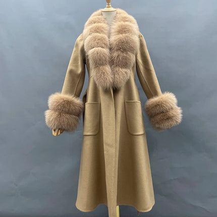 2022 New Arrival Women Wool Coat With Real Fox Fur Collar Cuff Slim Fit Elegant Belted Cashmere Long Coat Ladies Winter Coats