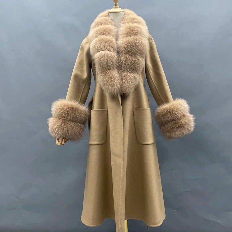 2022 New Arrival Women Wool Coat With Real Fox Fur Collar Cuff Slim Fit Elegant Belted Cashmere Long Coat Ladies Winter Coats