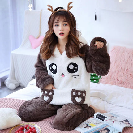 Cute Pajamas Set 2 Pieces Women Sleepwear Warm Winter Thick Coral Fleece Hooded Cartoon Girls Homewear Animal Pajamas Nighties