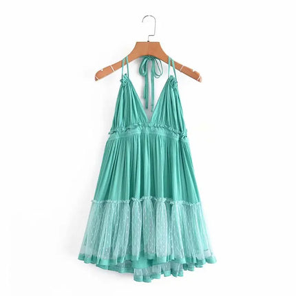 SheMujerSky Sexy Lace Patchwork Backless Mini Dress Summer V Neck Halter Dresses Women's Dress Elegant Party
