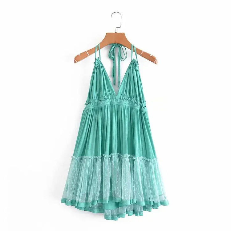 SheMujerSky Abito sexy con giunture in pizzo senza schienale Mini abiti estivi con scollo a V e scollo all'americana Abito da donna Elegante da sera