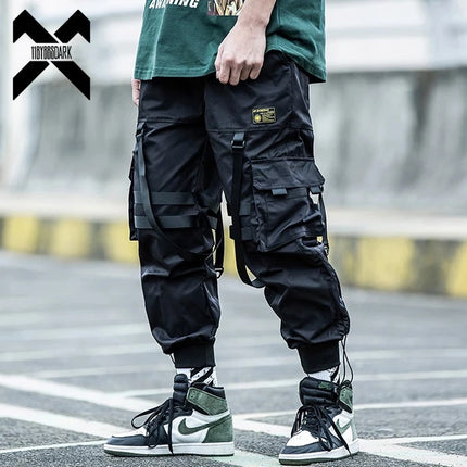 Tactical Cargo Pants Men Joggers Streetwear Ankle-length Pants Ribbons Elastic Waist Black Pant Hip Hop Male