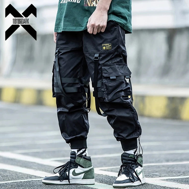 Tactical Cargo Pants Men Joggers Streetwear Ankle-length Pants Ribbons Elastic Waist Black Pant Hip Hop Male