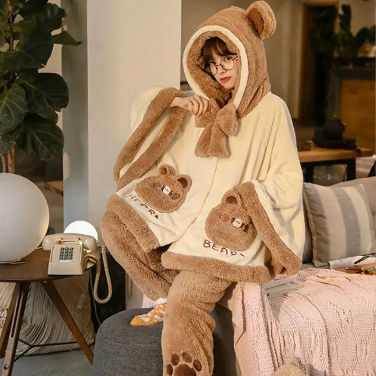 Japan Cute Lolita Pajamas Sets Girls Sweet Bear Ear Hooded Coral Fleece Cloak Sleepwear Women Winter Kawaii Home Clothes Pyjamas