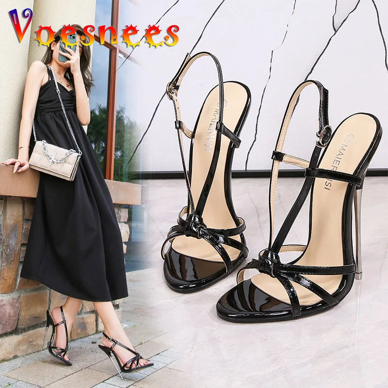 New 16CM Sexy Thin Strap Lady Sandals Large-Size Women Metal Stiletto Shoes Show Model Party Summer Ankle Back Strap High Heels