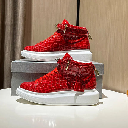 2026 Mid-Top Sneakers Men Alligator Pattern Round Toe Lock Decoration Lace Flats Glossy Cow Leather Casual Shoes