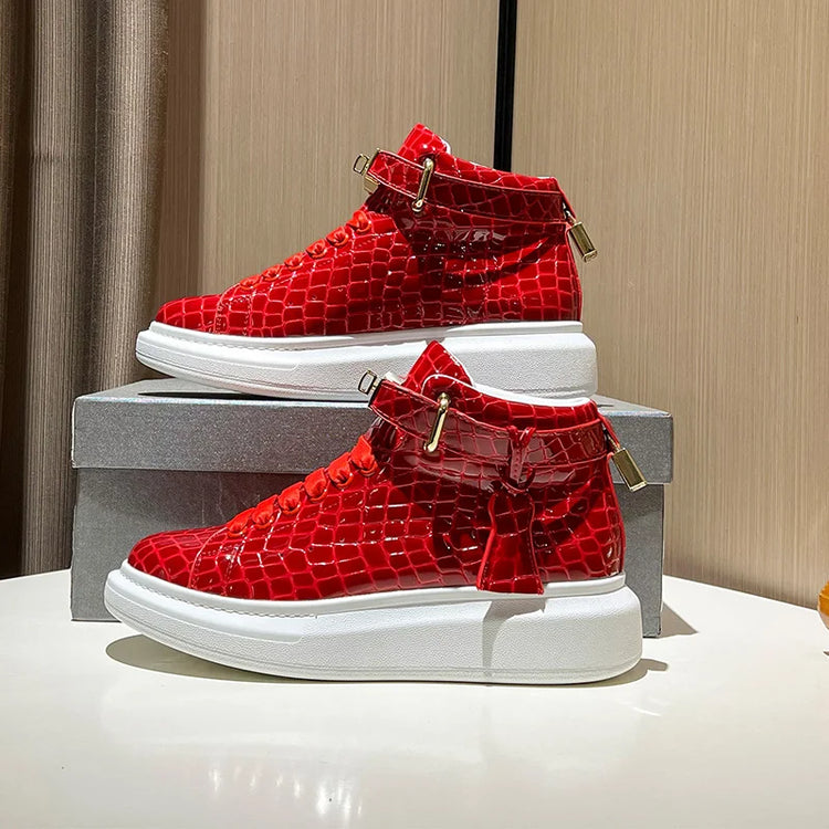 2026 Mid-Top Sneakers Men Alligator Pattern Round Toe Lock Decoration Lace Flats Glossy Cow Leather Casual Shoes