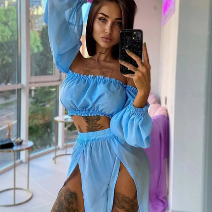 Copricostume Bikini da donna estivo tinta unita manica lunga con spalle scoperte gonne a vita alta con spacco 2 pezzi costume da bagno costume da bagno platinumshop