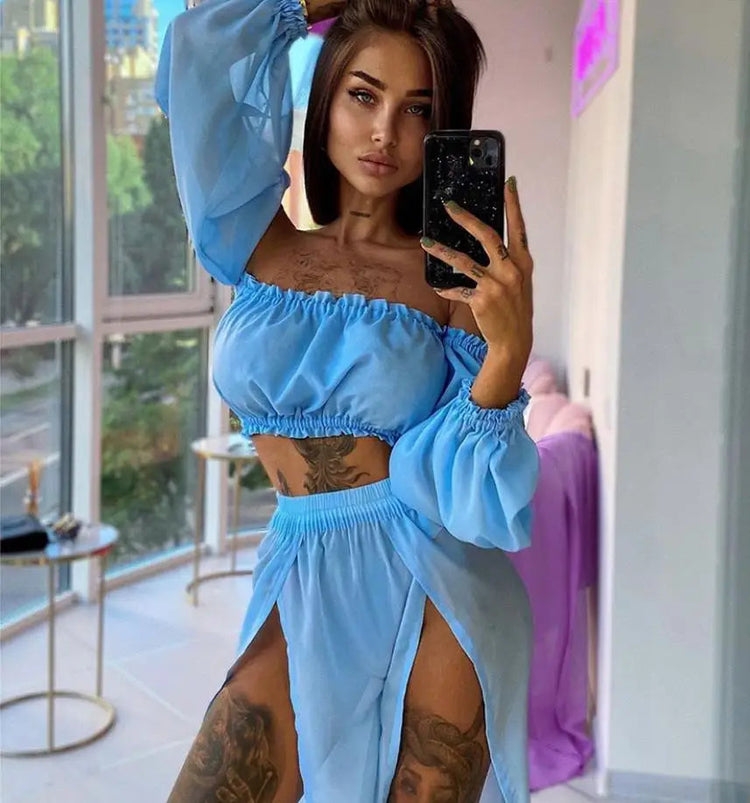 Copricostume Bikini da donna estivo tinta unita manica lunga con spalle scoperte gonne a vita alta con spacco 2 pezzi costume da bagno costume da bagno platinumshop