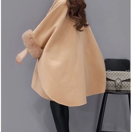 Elegant Women Winter Coats Batwing Fluffy Sleeve Cape Jacket Lady Woolen Overcoat Cape Fox Fur Collar Warm Ponchos Feminino