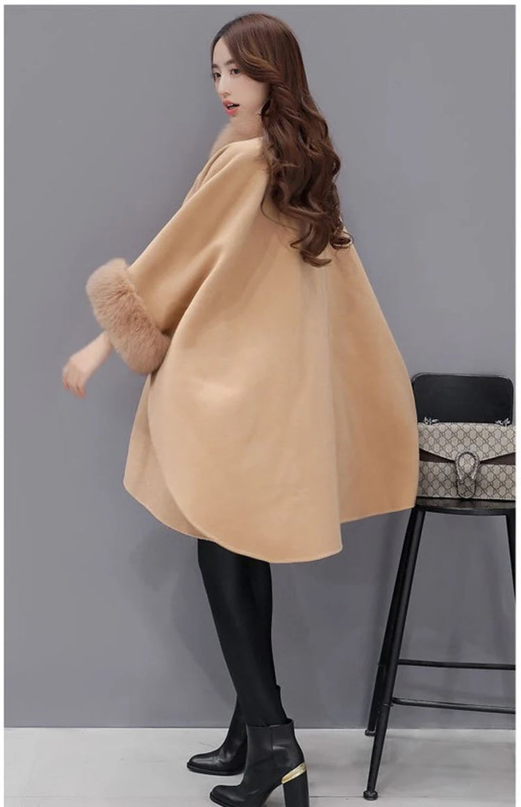 Elegant Women Winter Coats Batwing Fluffy Sleeve Cape Jacket Lady Woolen Overcoat Cape Fox Fur Collar Warm Ponchos Feminino