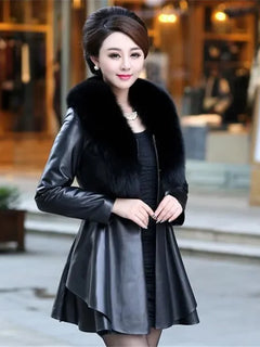 PU Leather Long Leather Jacket Women's Fur Collar Removable Coat Faux Leather Slim Female Temperament Leather Windbreaker Black