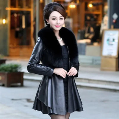 PU Leather Long Leather Jacket Women's Fur Collar Removable Coat Faux Leather Slim Female Temperament Leather Windbreaker Black
